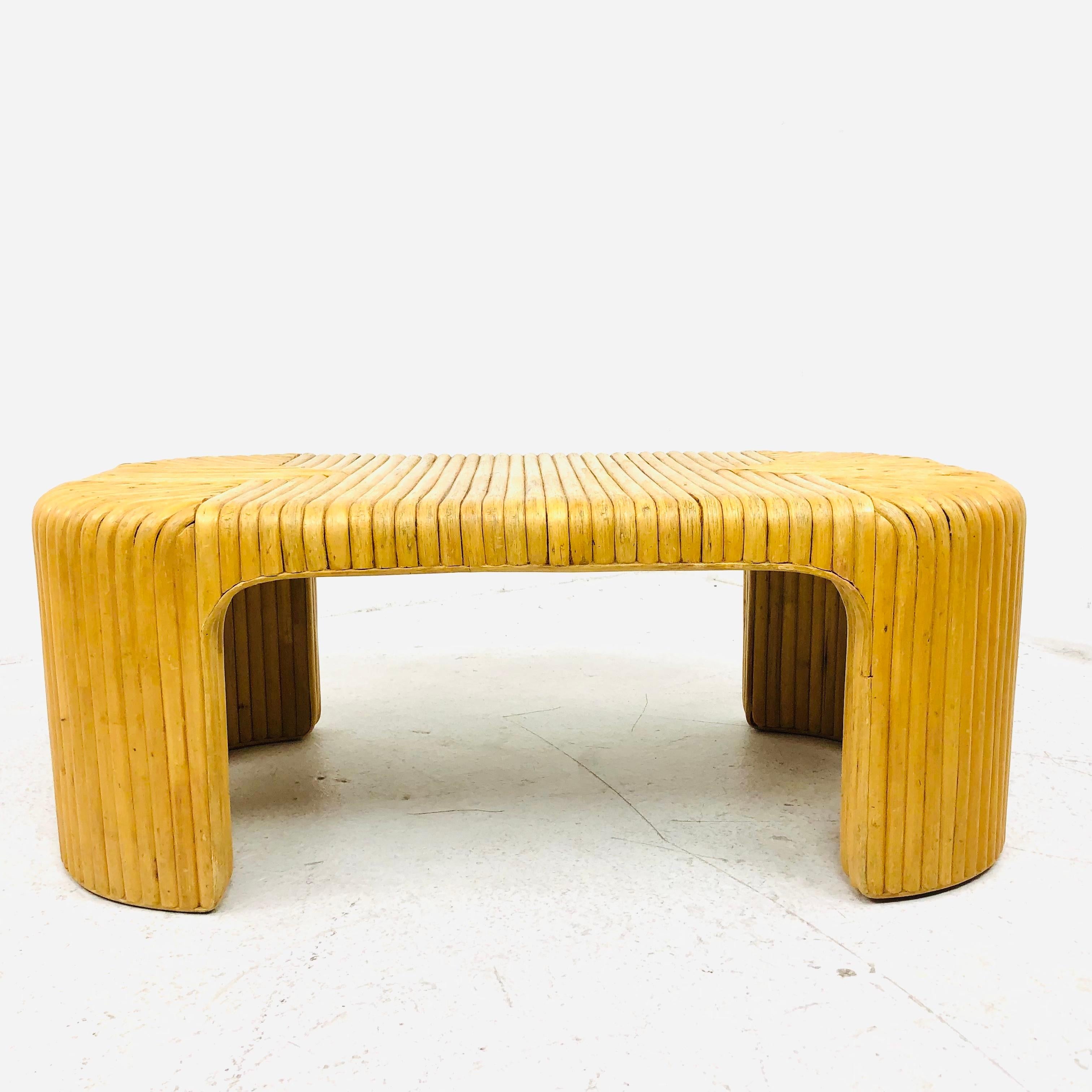 Vintage glam split reed bamboo waterfall coffee table. Original natural finish and distinctive geometric pattern. Expertly made and very sturdy.