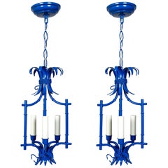 Palm Beach Style Blue Faux Bamboo Lanterns, Midcentury, Pair