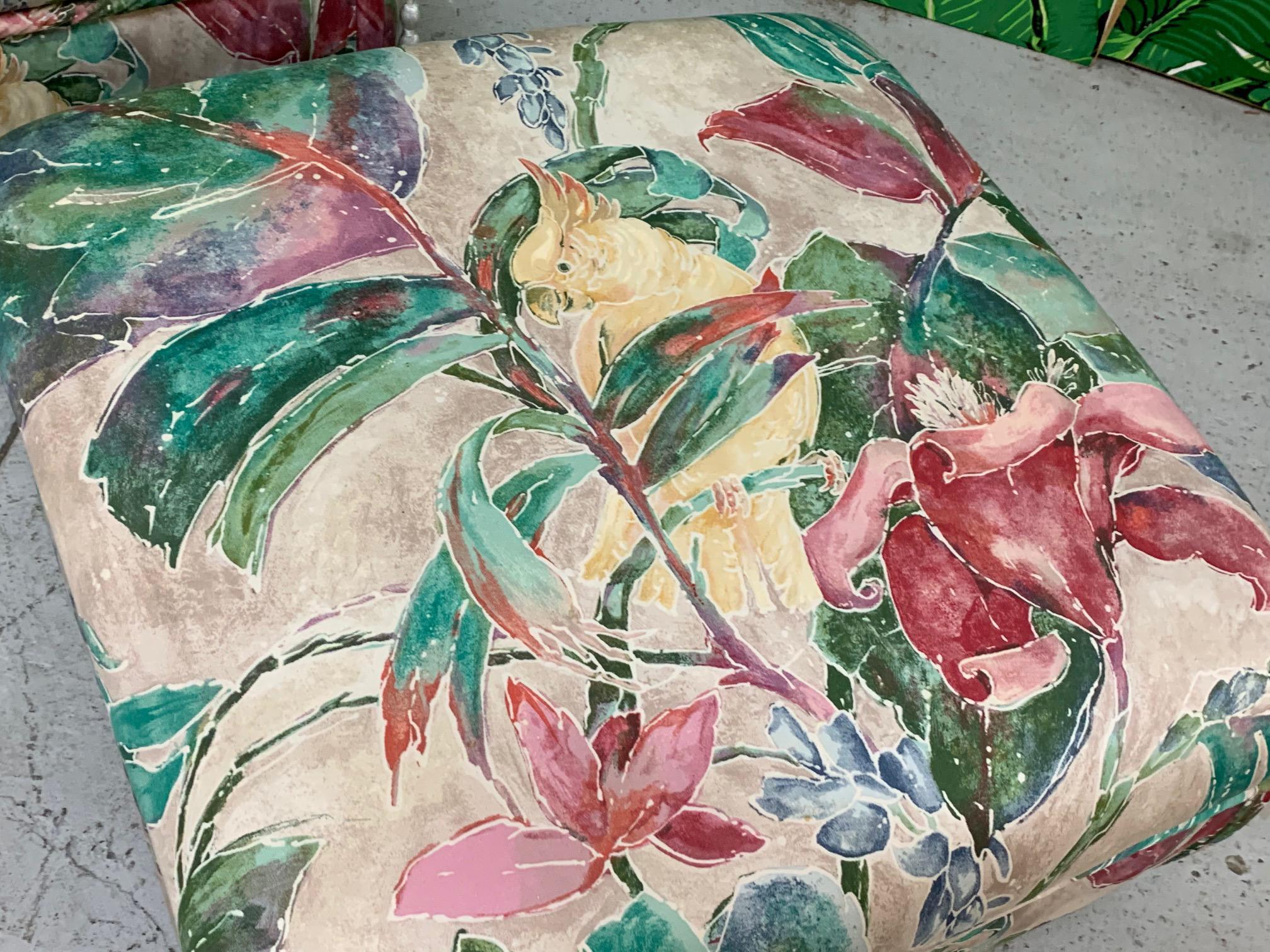 Upholstery Palm Beach Style Floral Ottomans, a Pair