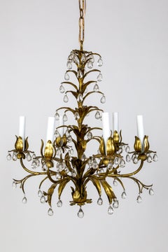 Palm Beach Style Gilt Leaves and Grape Crystal Chandelier