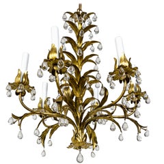 Palm Beach Style Gilt Leaves and Grape Crystal Chandelier