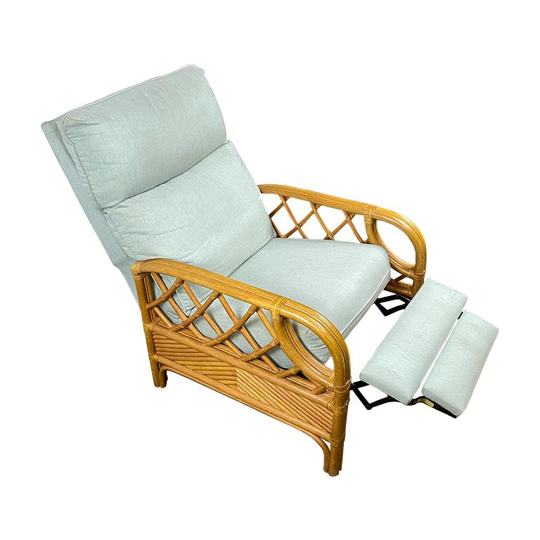 Hollywood Regency Palm Beach Style Rattan and Bamboo Upholstered Celadon Recliner by Lane Venture