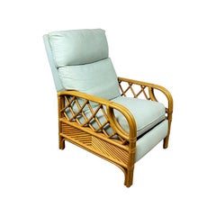 Vintage Palm Beach Style Rattan and Bamboo Upholstered Celadon Recliner by Lane Venture