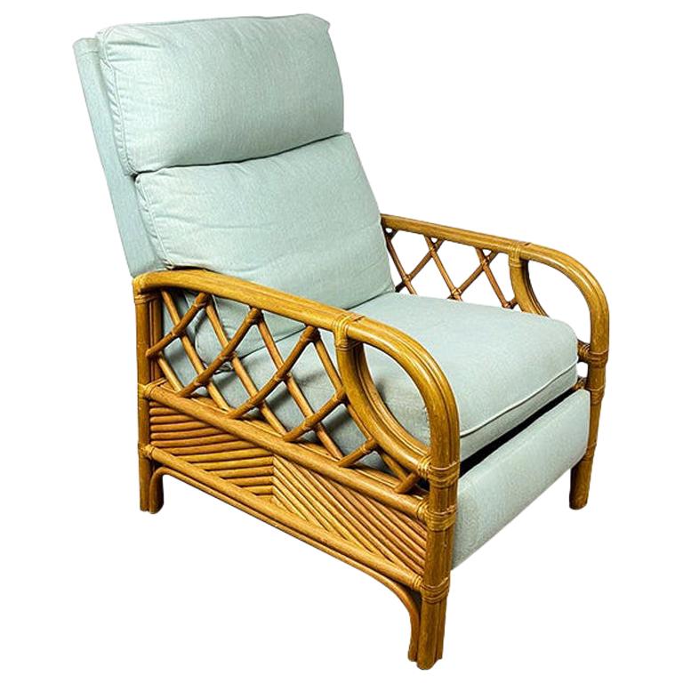 Palm Beach Style Rattan and Bamboo Upholstered Celadon Recliner by Lane Venture