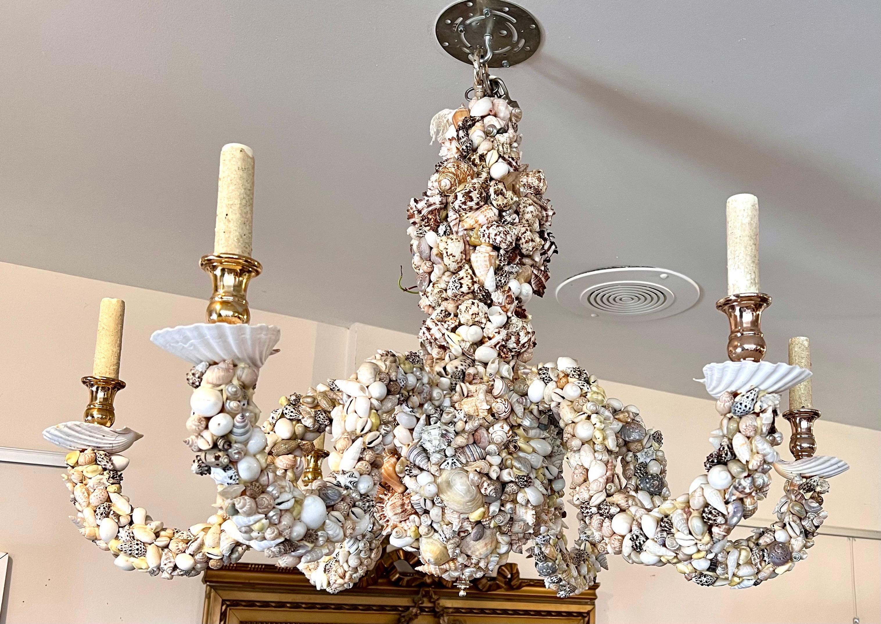 The Seashell Chandelier is not only a stunning lighting fixture but a true work of art. This unique one-of-kind seashell 6 arm chandelier is beautifully adorned with various sizes. Every seashell on this magnificent chandelier has been carefully