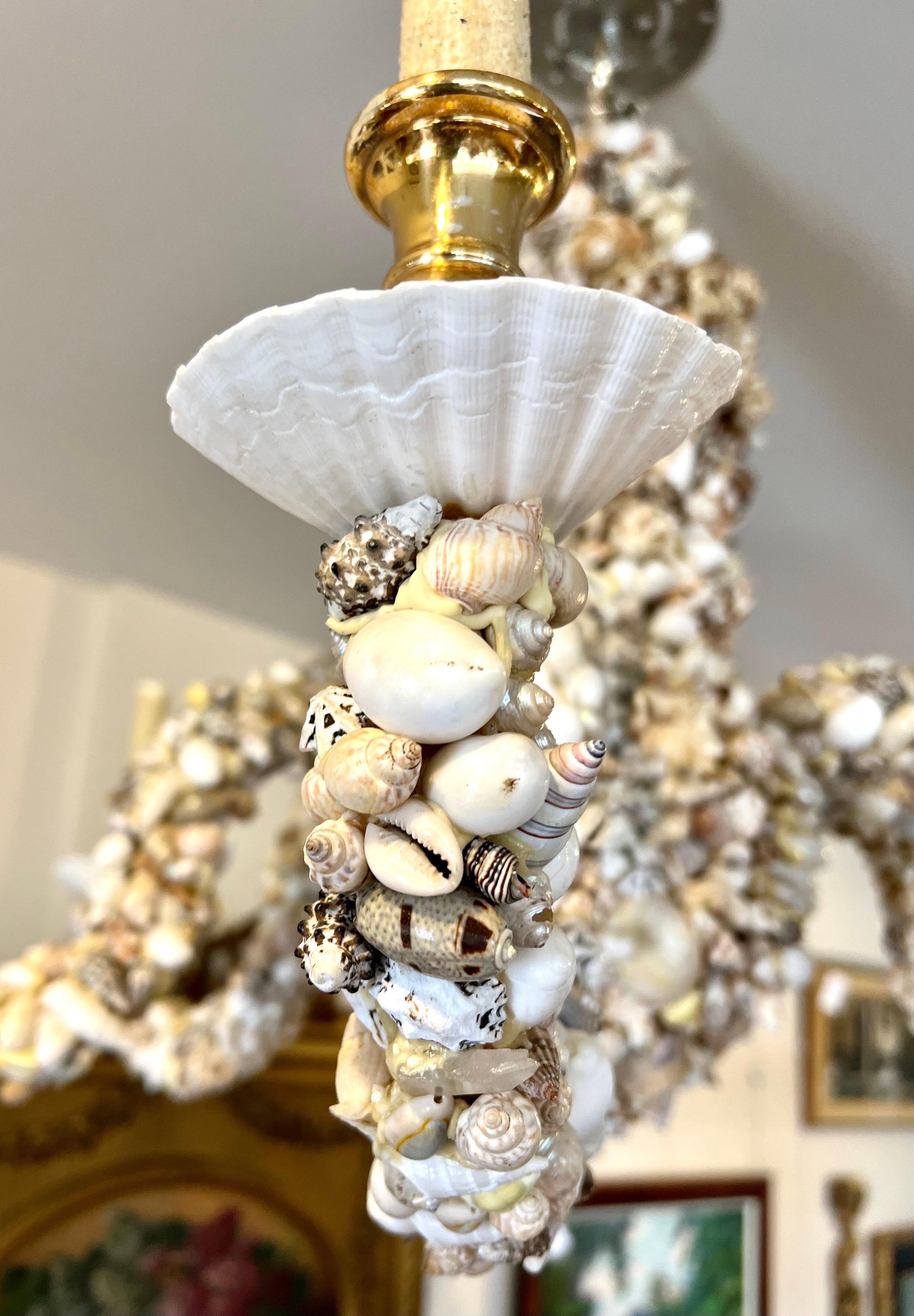 Palm Beach Style Seashell Shell Encrusted 6 Arm Chandelier In Good Condition In West Hartford, CT