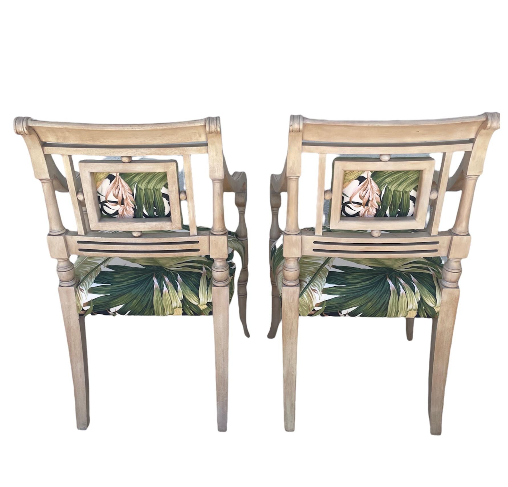Regency Palm Beach Styled Arm Chairs with Carved, Plaid Legs
