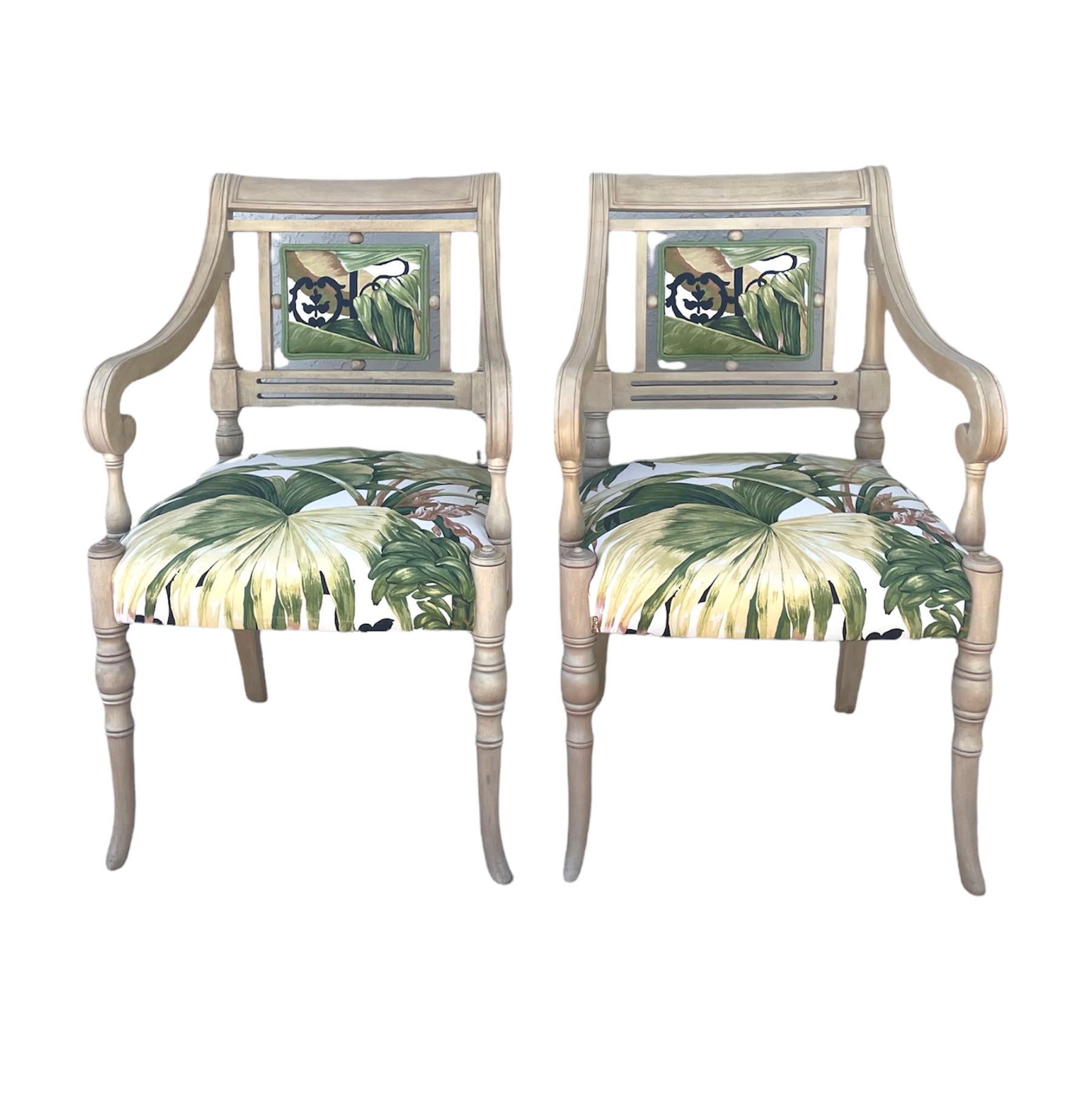 Painted Palm Beach Styled Arm Chairs with Carved, Plaid Legs