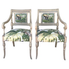 Palm Beach Styled Arm Chairs with Carved, Plaid Legs