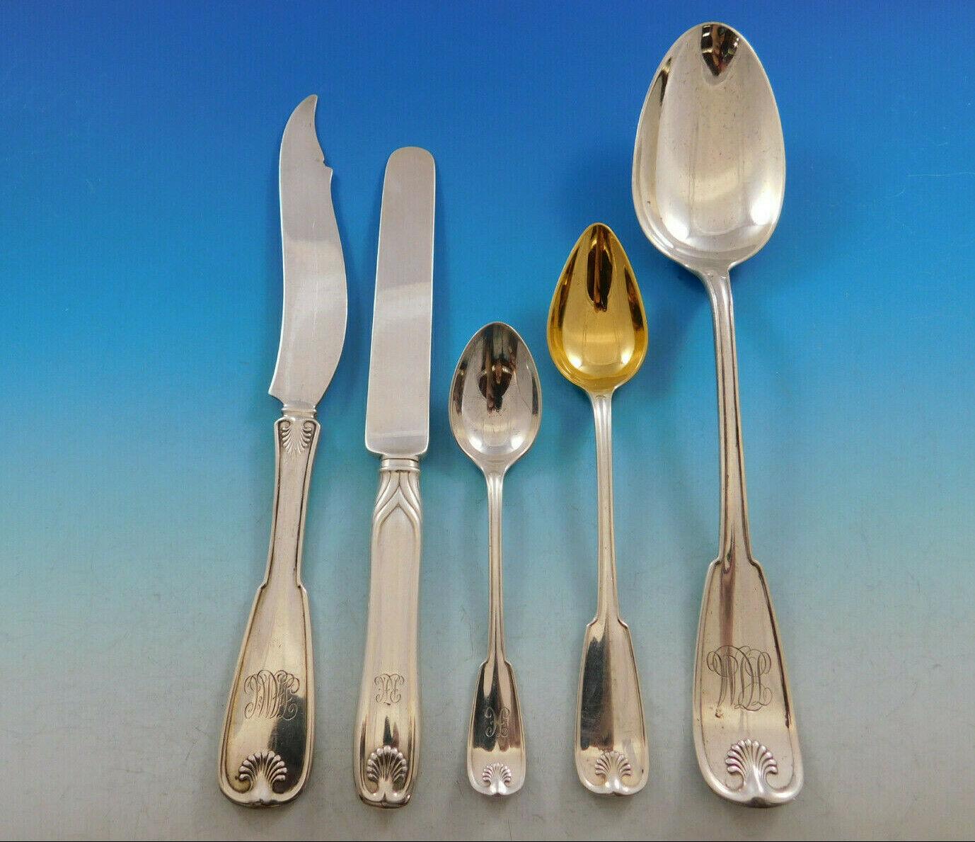 Exceptional monumental palm by Tiffany & Co. sterling silver flatware set, 286 pieces. This pattern was designed by Edward C. Moore and introduced in the year 1871. This set includes:

18 dinner knives, 10 1/2