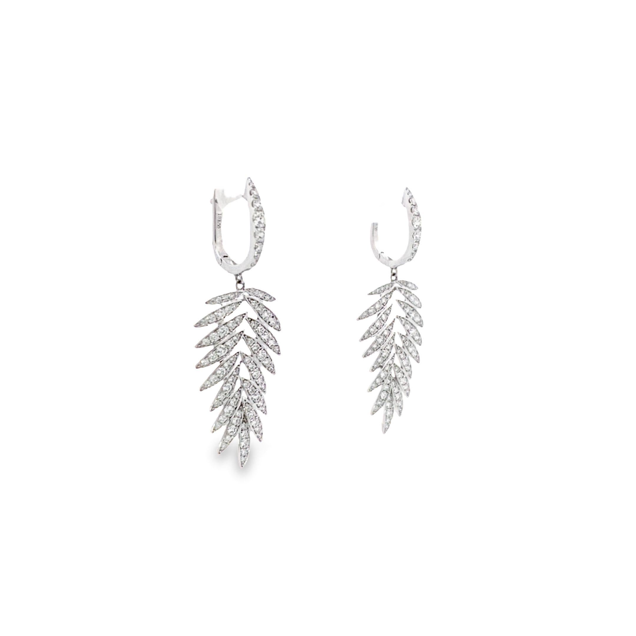 These elegant drop earrings, crafted in 18k white gold, feature a cascading leaf motif set with 1.52 carats of pave-set white round diamonds. Each leaf element is articulated, allowing for subtle movement and enhancing the sparkle of the diamonds as