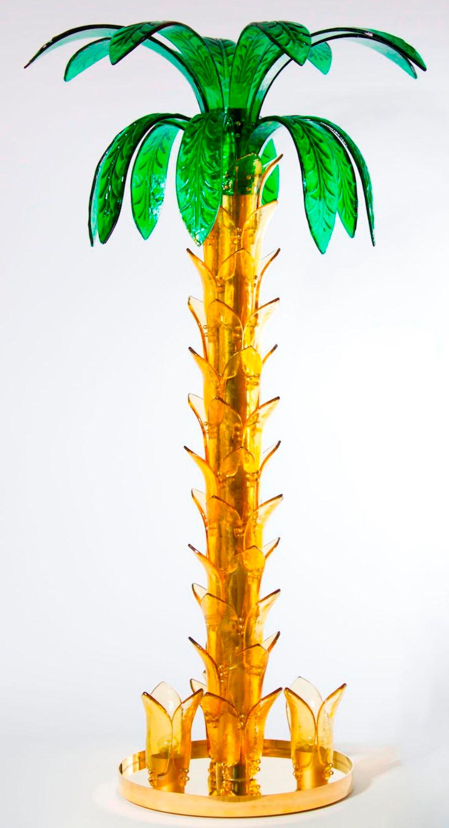 Contemporary Palm Floor Lamp in Murano Glass Amber and Green Italy contemporary  For Sale