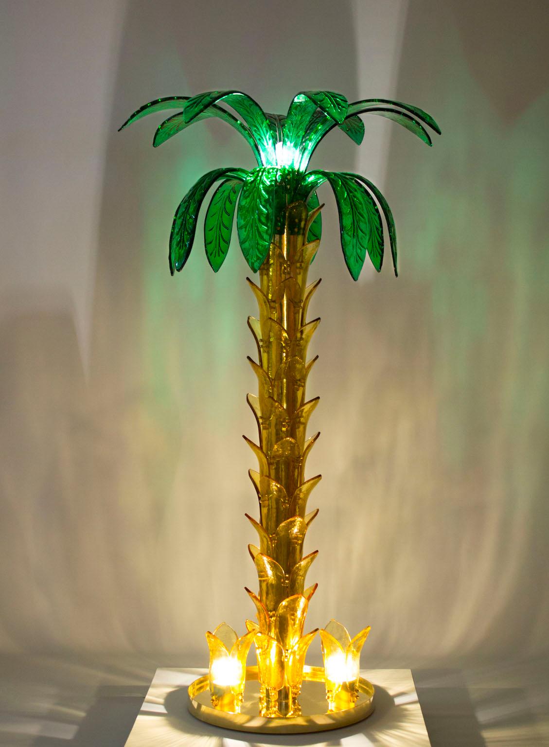 Brass Palm Floor Lamp in Murano Glass Amber and Green Italy contemporary  For Sale
