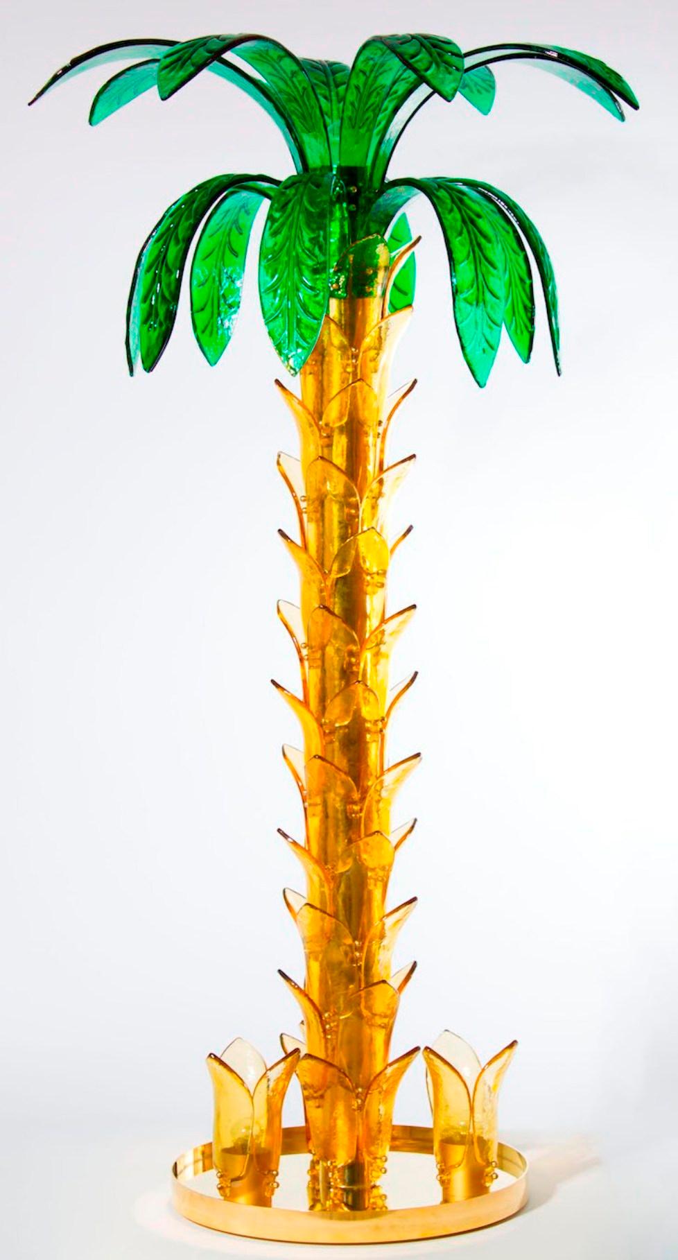 Italian Palm Floor Lamp in Murano Glass Amber and Green Italy contemporary  For Sale