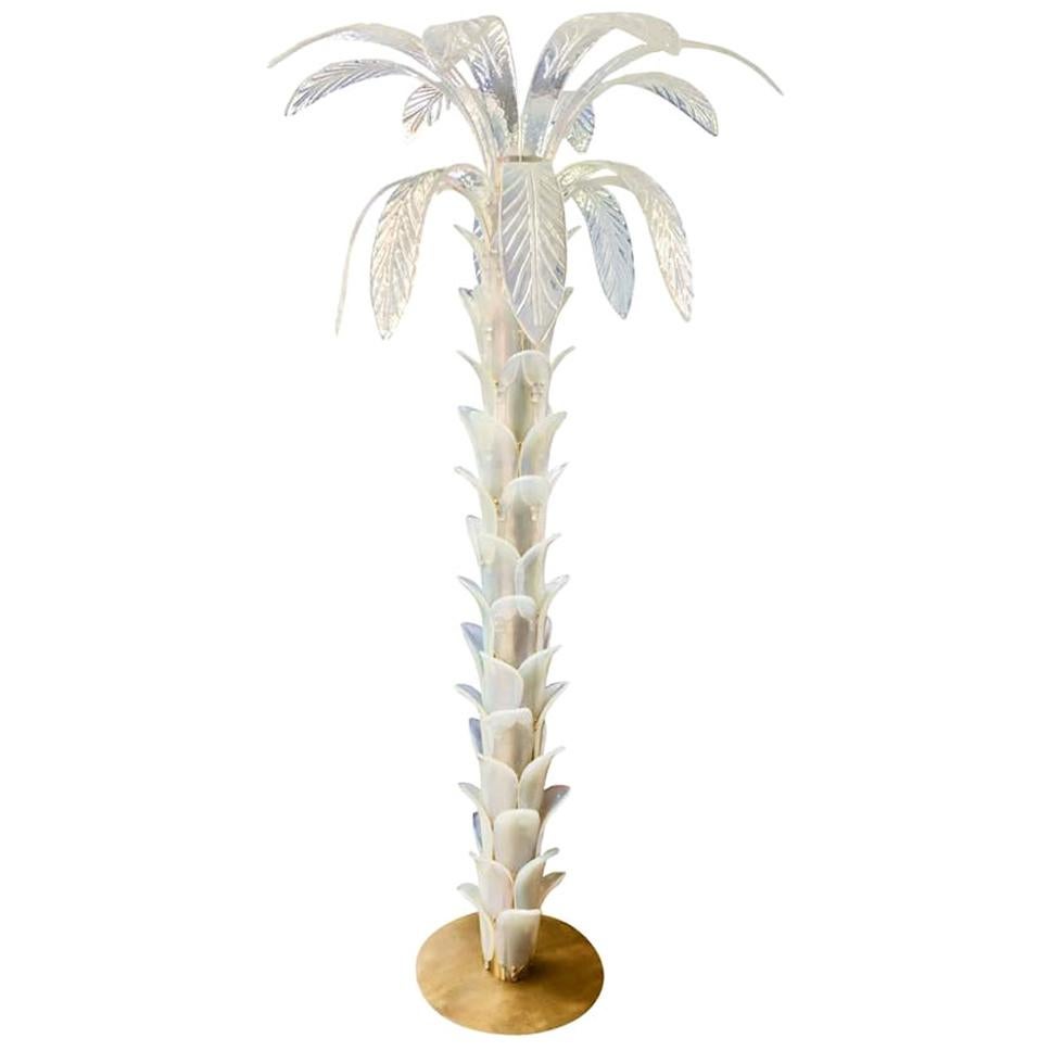 Palm Floor Lamp Opaline Blown Murano Glass on Metal Structure Italian Design