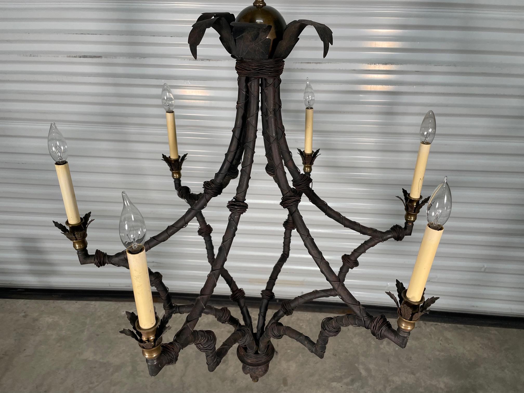 Palm Frond Iron 6-Arm Chandelier In Good Condition For Sale In Jacksonville, FL