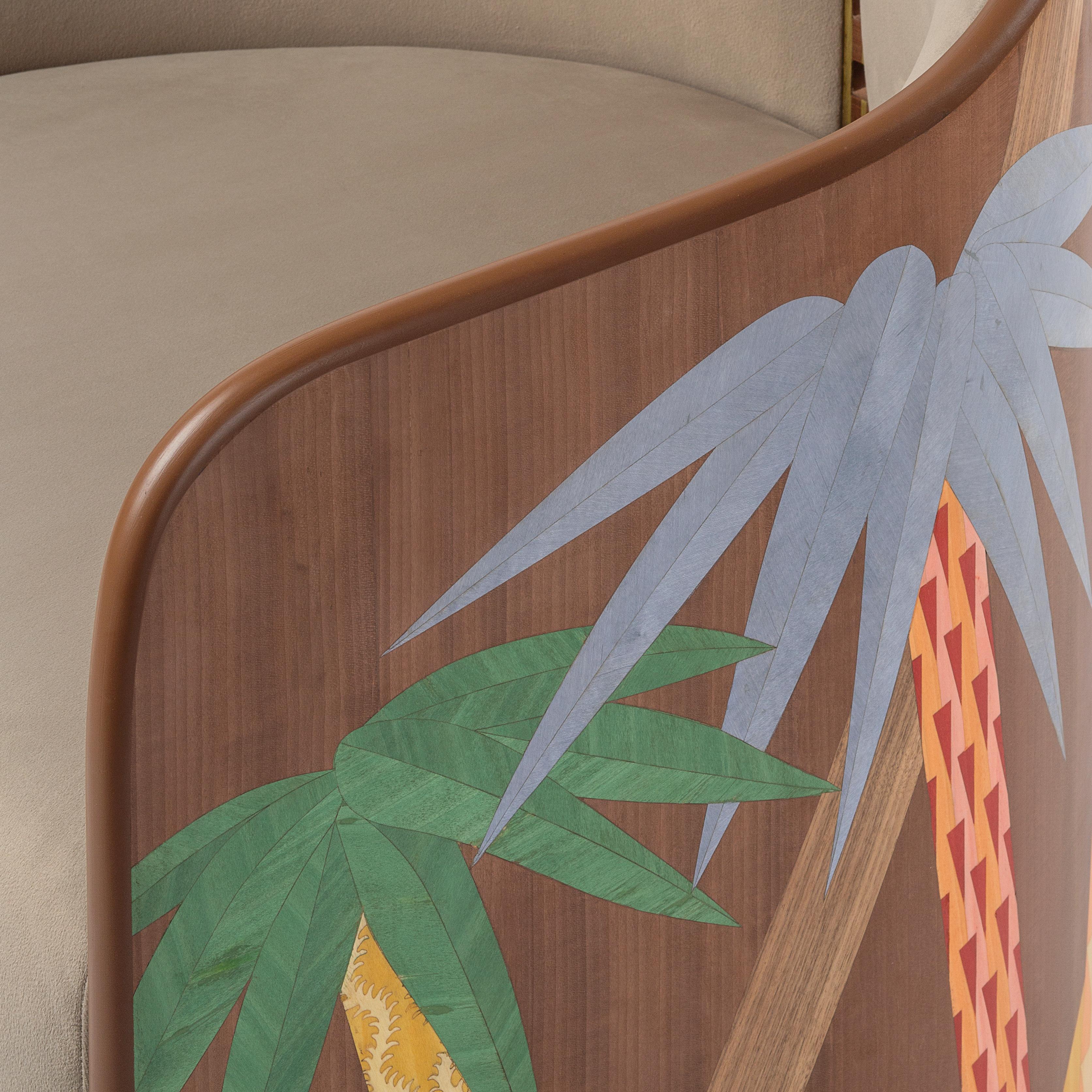 This striking armchair is a sculptural tribute to the elegance and symbolism of the palm tree. Inspired by its upward rise, the chair’s backrest beautifully mirrors the form of a palm’s trunk and fronds — while also subtly evoking the shape of the