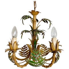 Palm Leaf and Faux Bamboo Tole Chandelier, 1960s