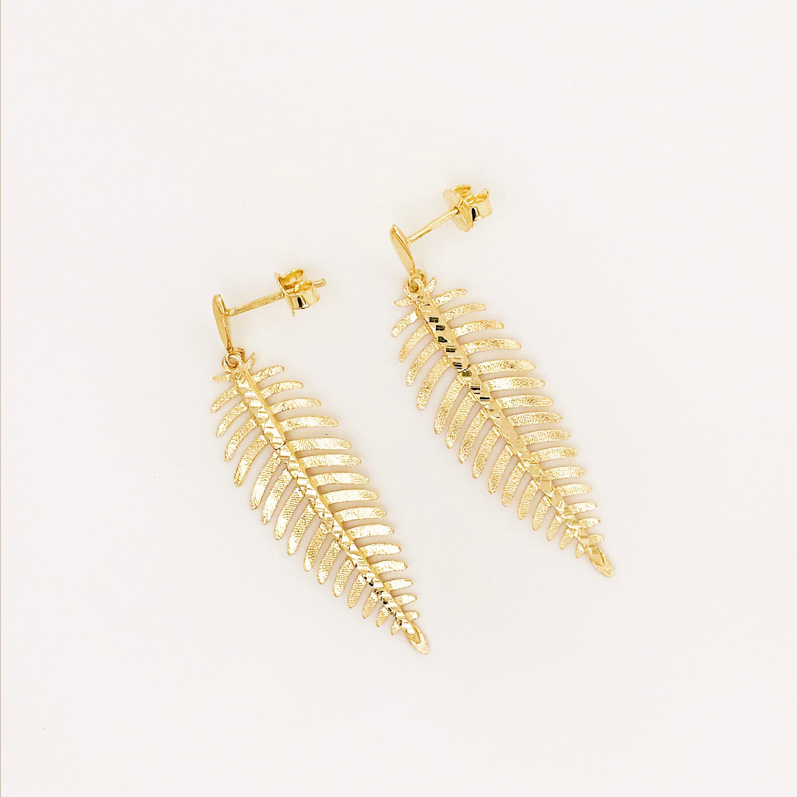 Pendants d'oreilles en forme de feuille de palmier en or 14 carats, boucles d'oreilles pendantes d'origine en forme de feuille Neuf - En vente à Austin, TX