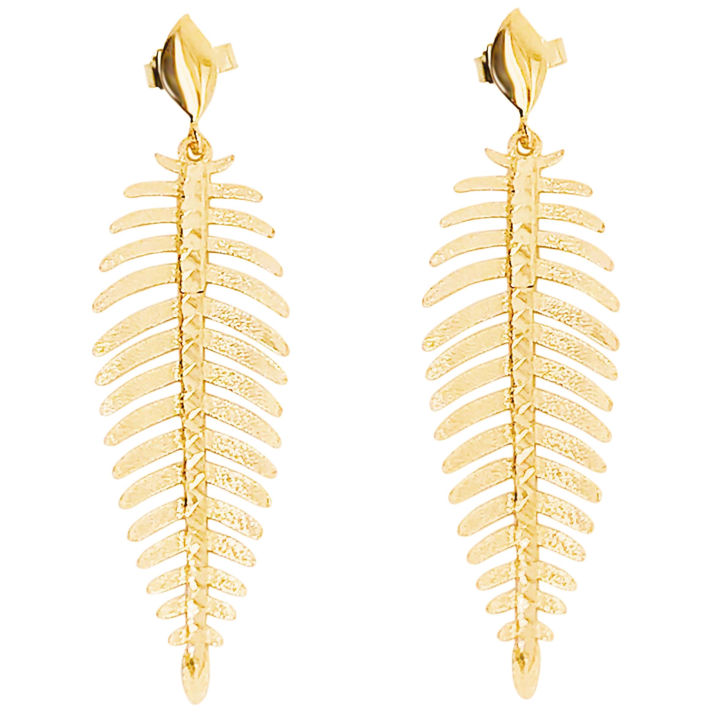 Palm Leaf Earring Dangles 14 Karat Gold Leaf Design, Original Drop Earrings For Sale