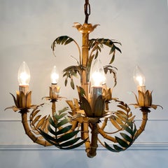 Palm Leaf and Faux Bamboo Tole Chandelier, 1960s