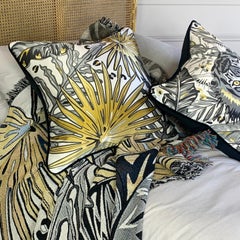 Palm Leaf Luxury Silk Pillow, Monochrome and Gold Tropics Collection