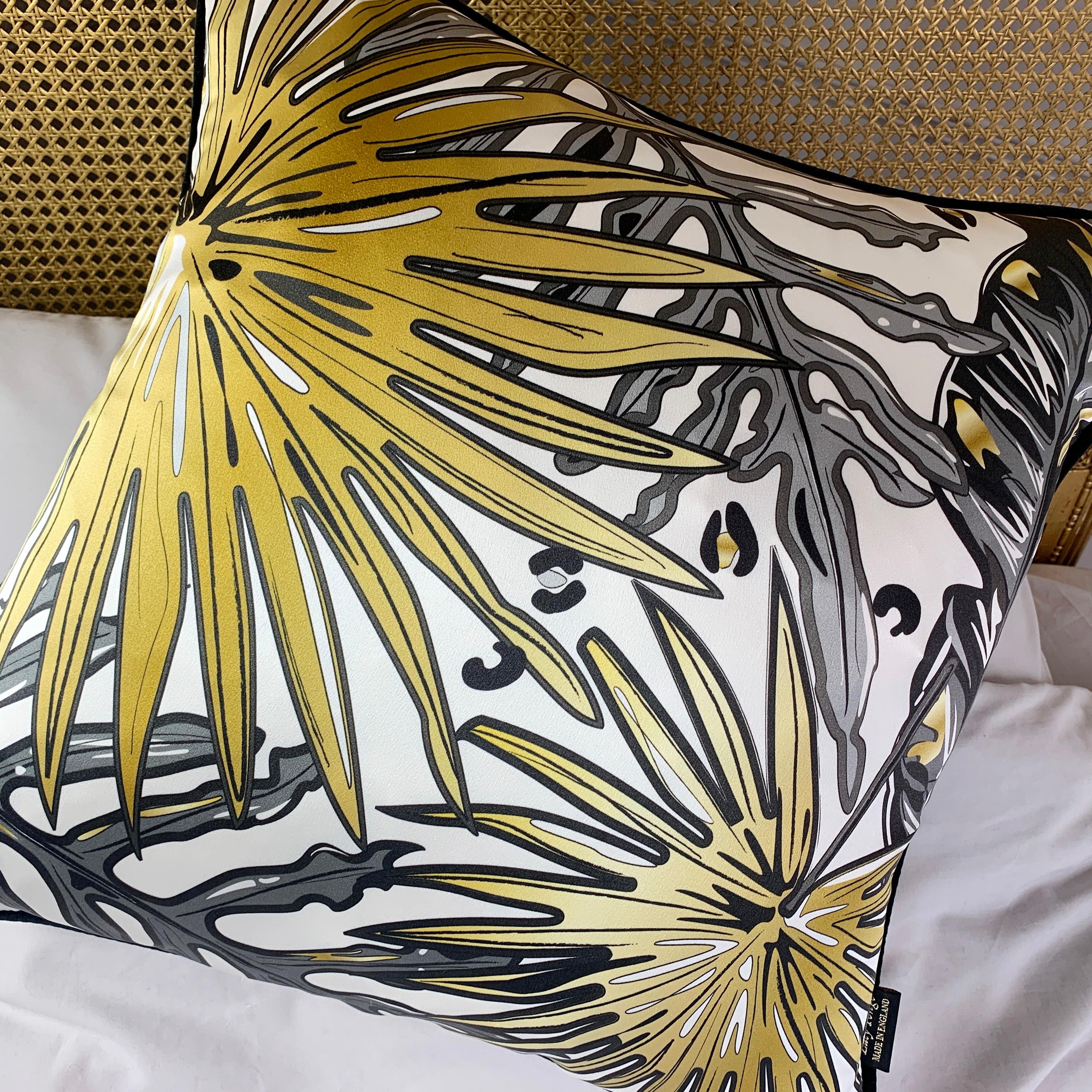 Modern Palm Leaf Luxury Silk Pillow, Monochrome and Gold Tropics Collection  For Sale