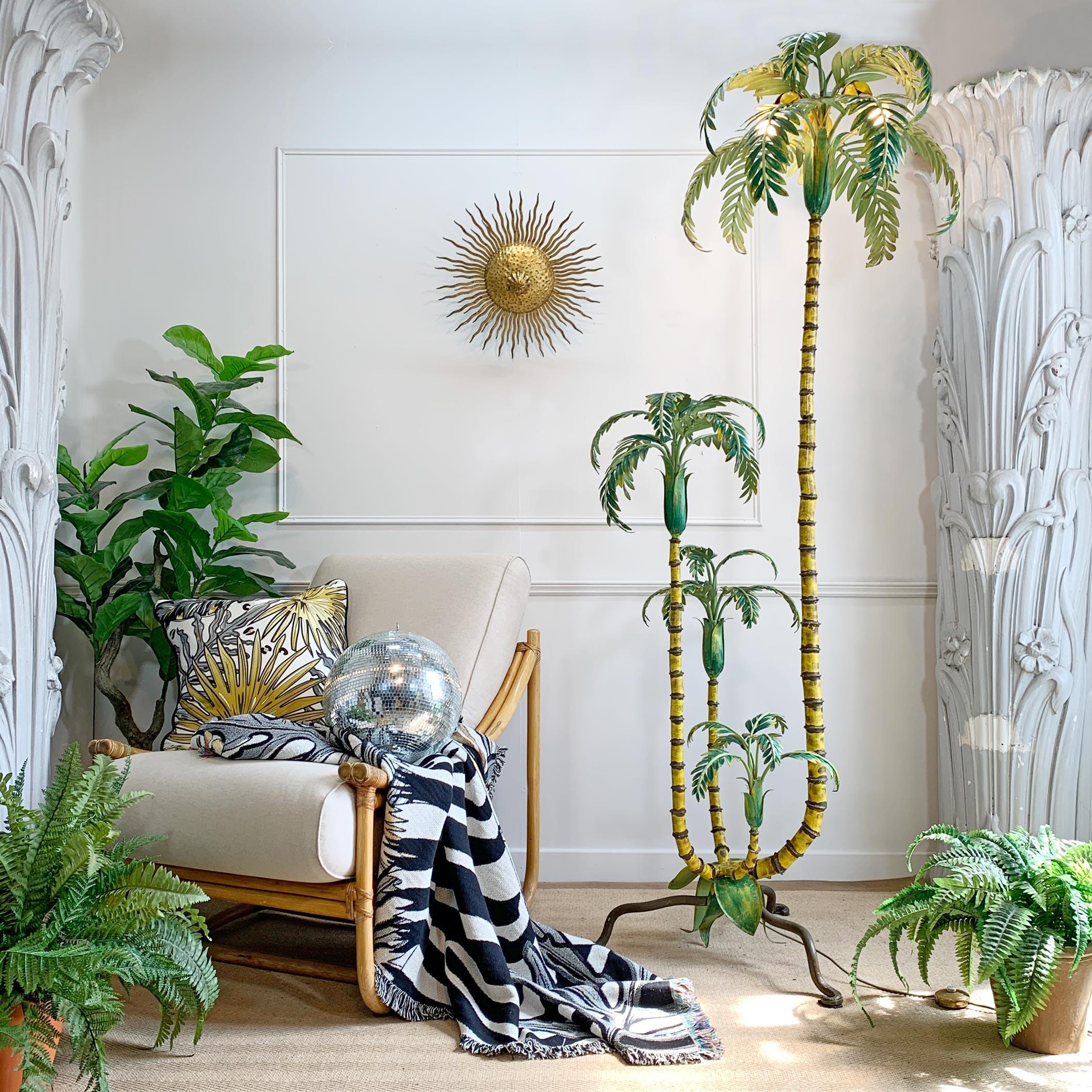 English Palm Leaf Luxury Silk Pillow, Monochrome and Gold Tropics Collection  For Sale
