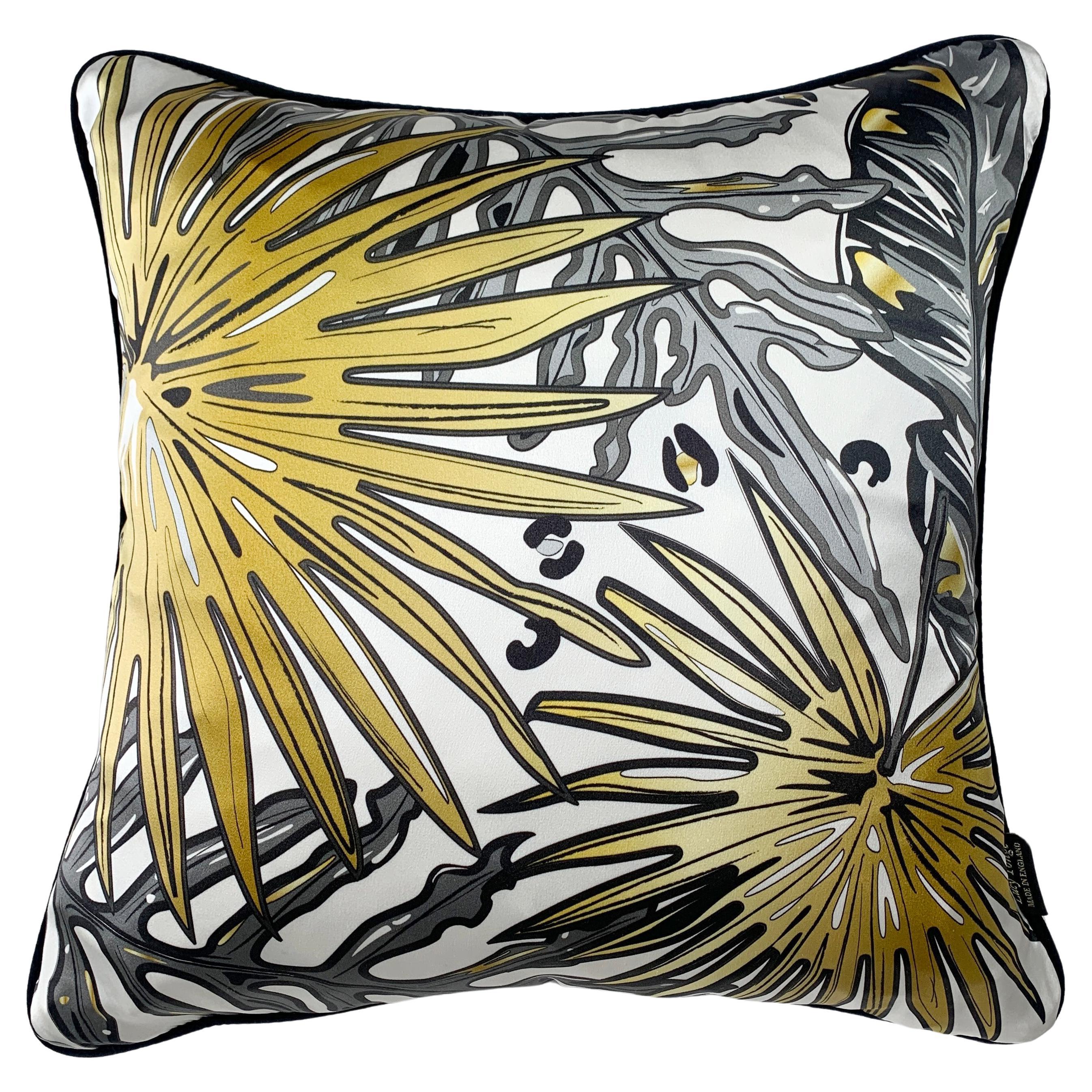 Palm Leaf Luxury Silk Pillow, Monochrome and Gold Tropics Collection  For Sale