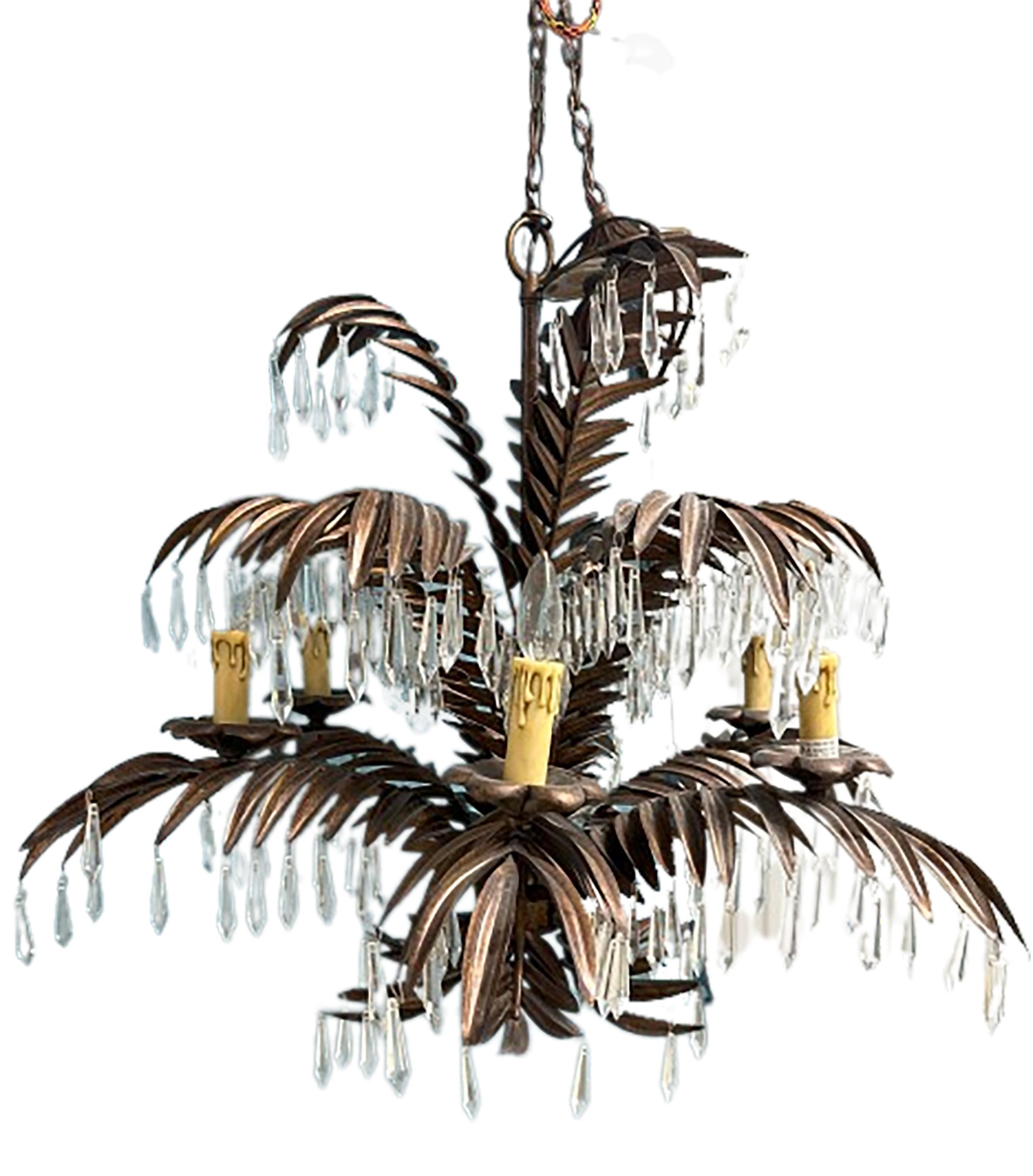 Contemporary Palm Leaf Metal and Crystal Chandelier