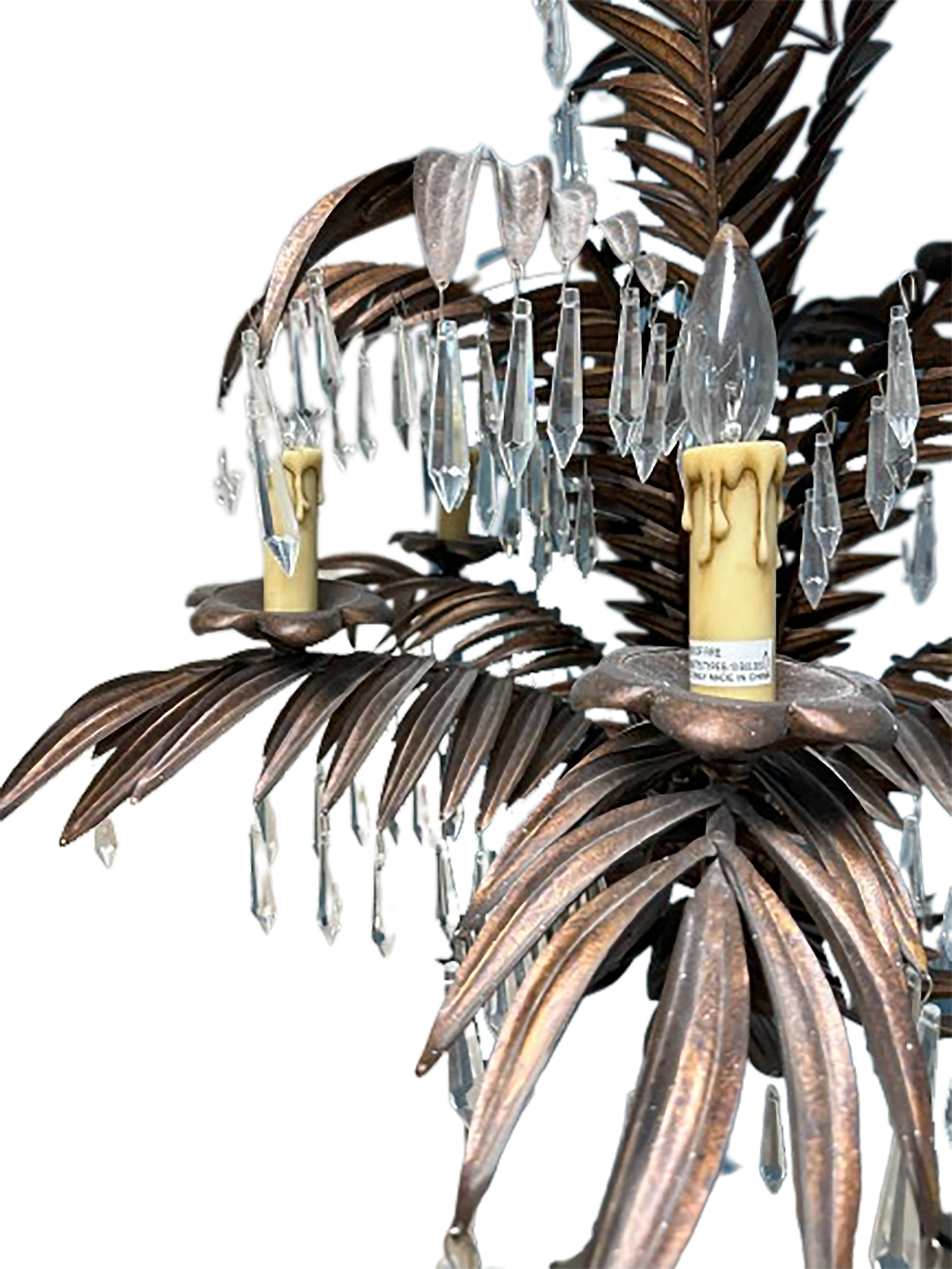 Glass Palm Leaf Metal and Crystal Chandelier