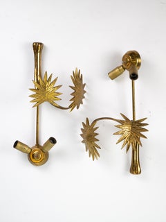Palm leaves brass pair of wall lamps