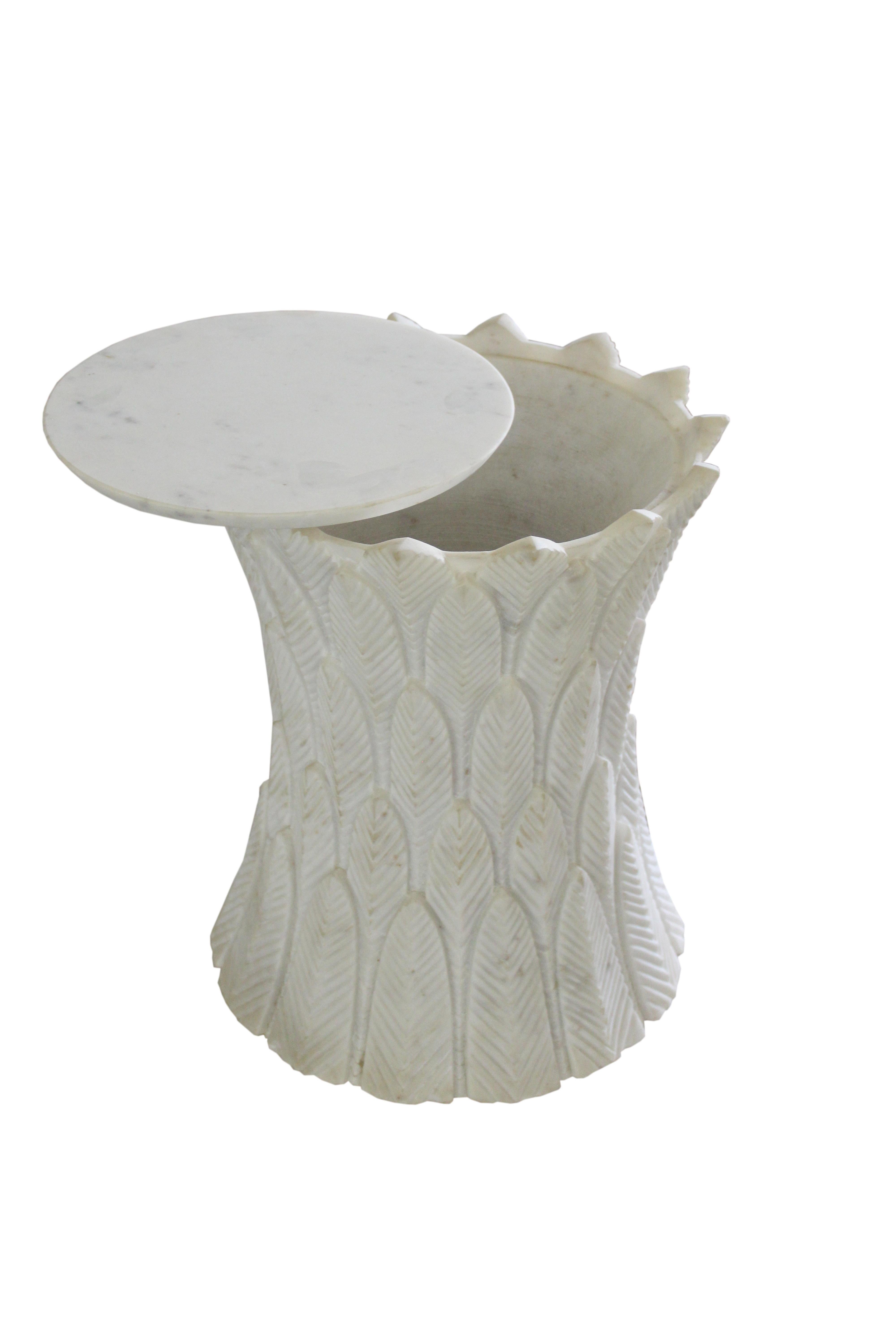 Other Palm leaves Side Table in Agra White Marble by Stephanie Odegard For Sale