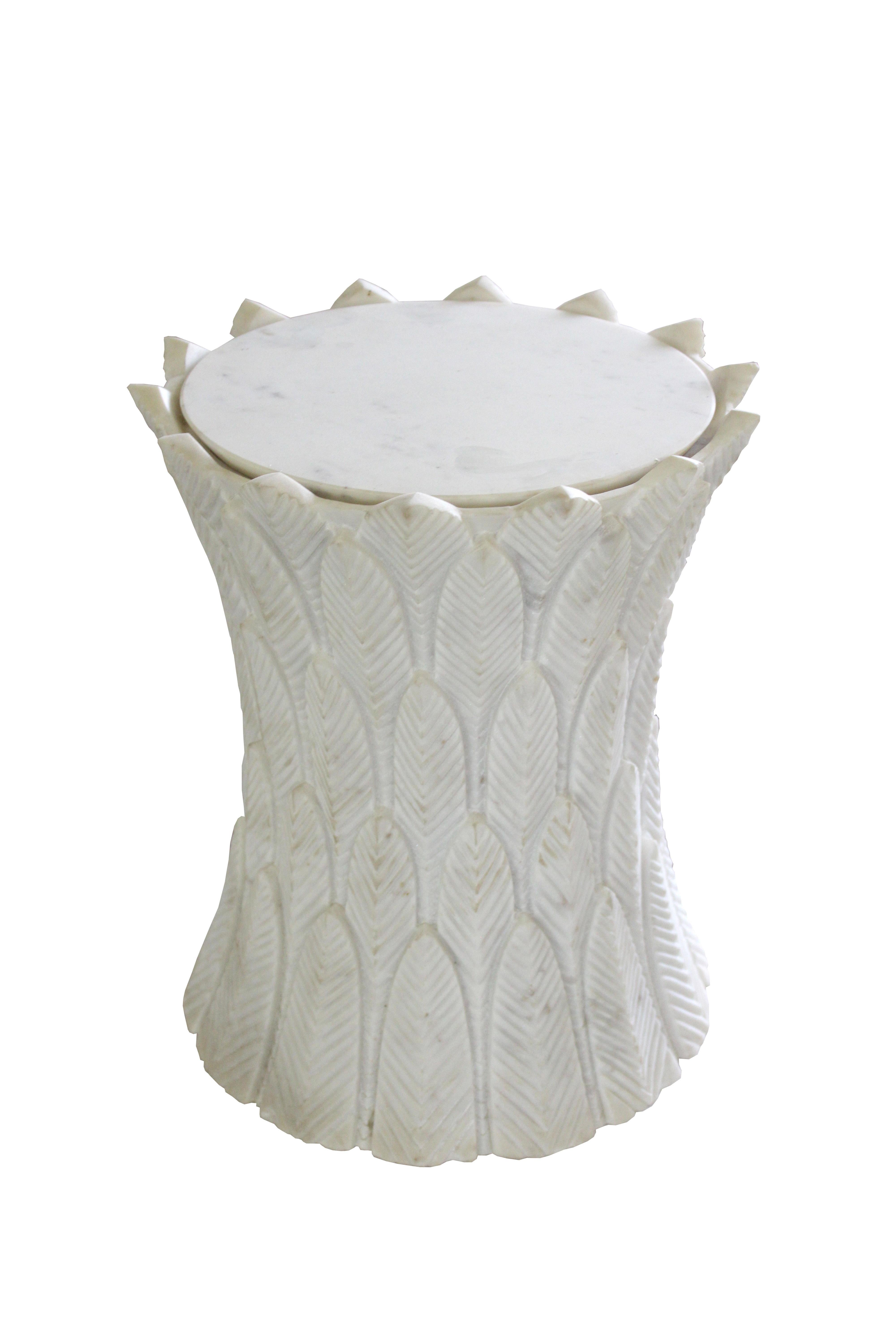 American Palm leaves Side Table in Agra White Marble by Stephanie Odegard For Sale