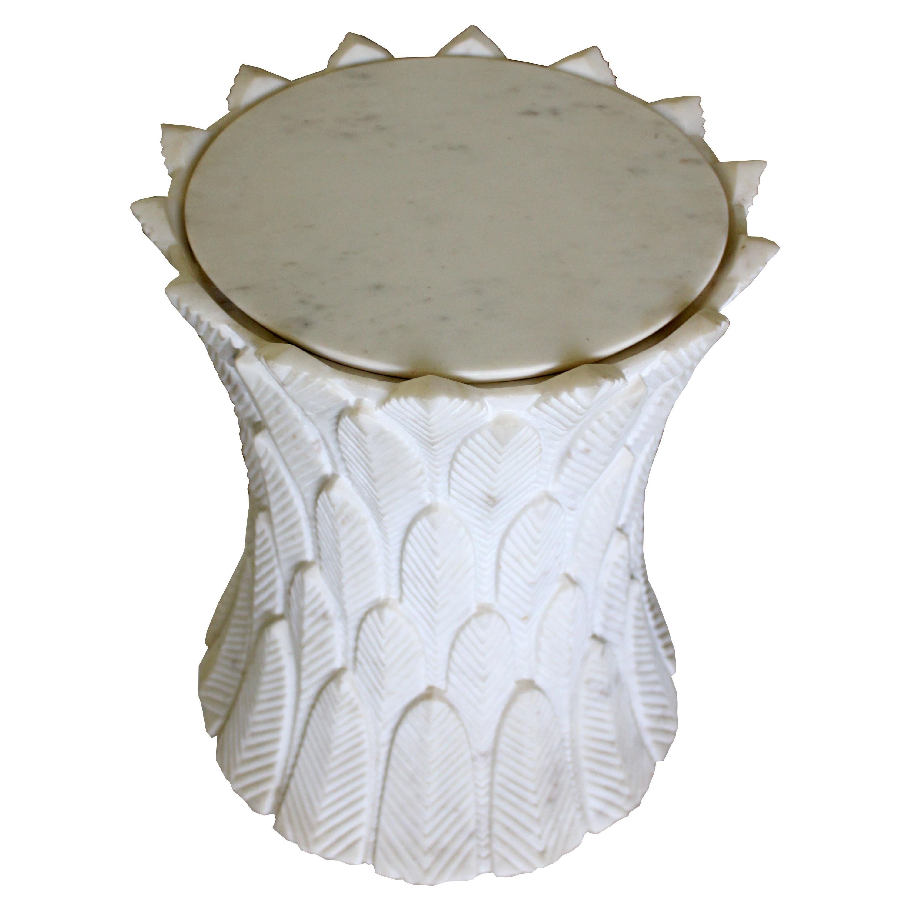 Palm leaves Side Table in Agra White Marble by Stephanie Odegard