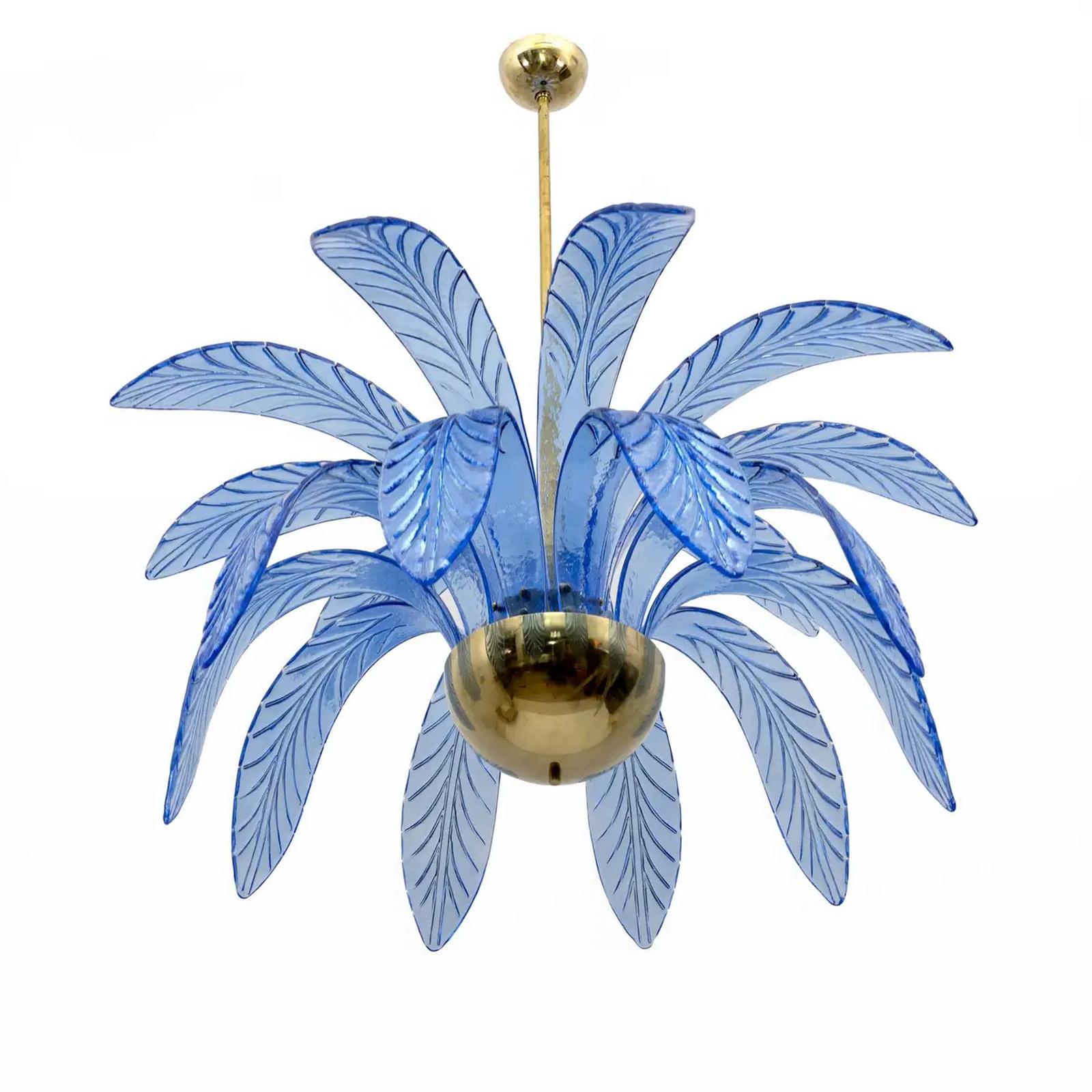 Mid-Century Modern Palm Leaves Murano Glass and Brass Chandelier in Golden Amber For Sale