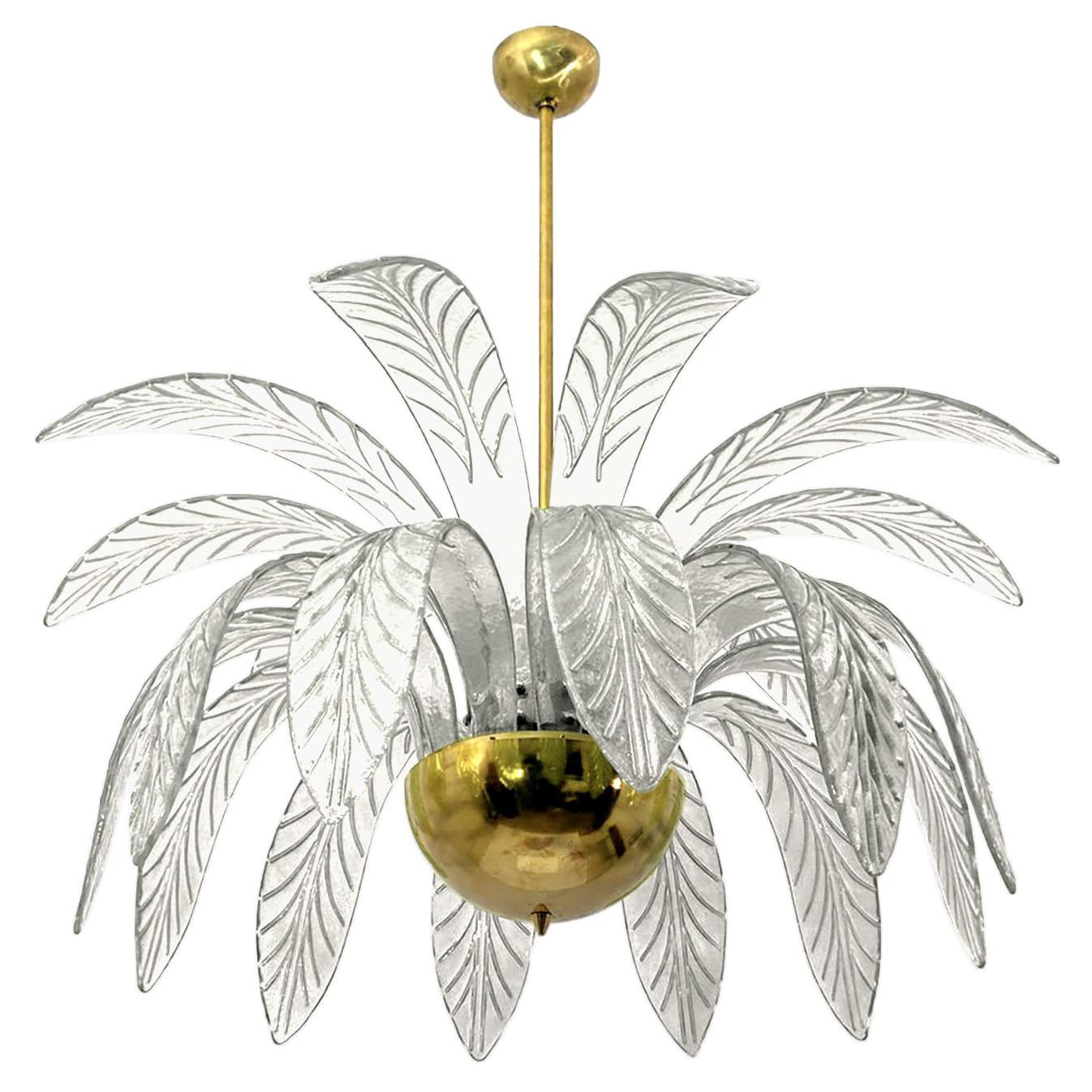 Palm Leaves Murano Glass and Brass Chandelier in Green Glass For Sale 4
