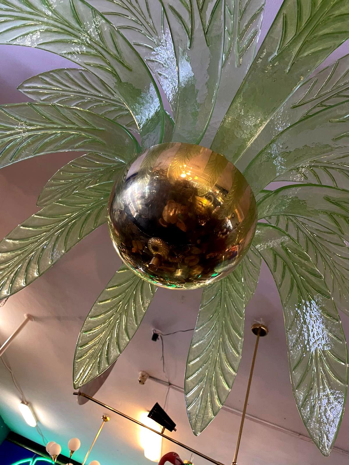 Italian Palm Leaves Murano Glass and Brass Chandelier in Green Glass For Sale