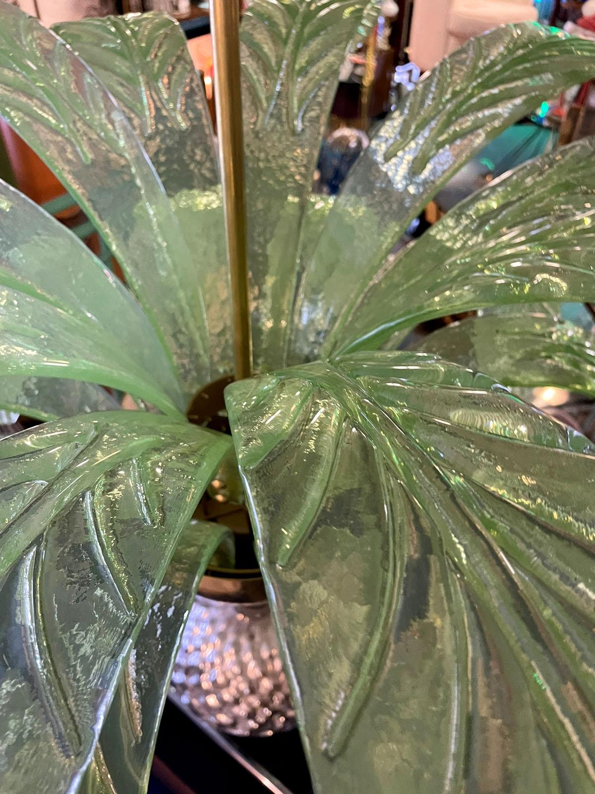 Contemporary Palm Leaves Murano Glass and Brass Chandelier in Green Glass For Sale
