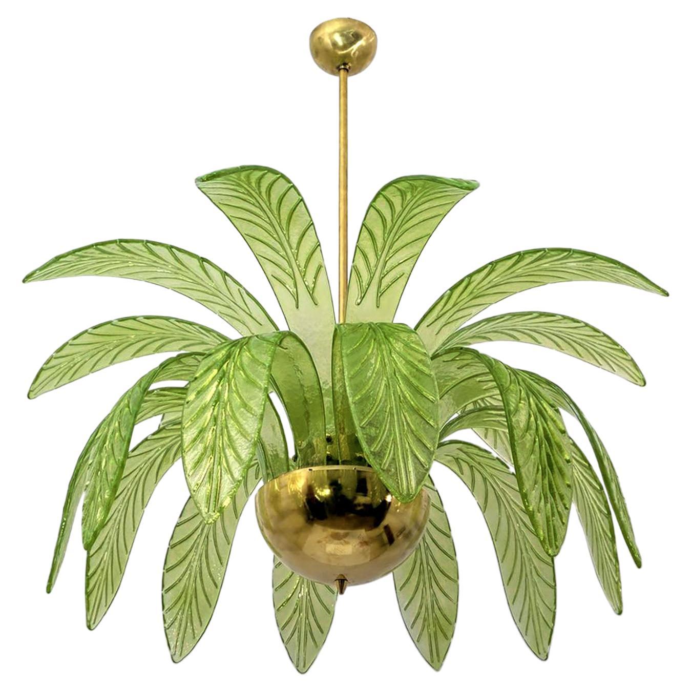 Palm Leaves Murano Glass and Brass Chandelier in Green Glass