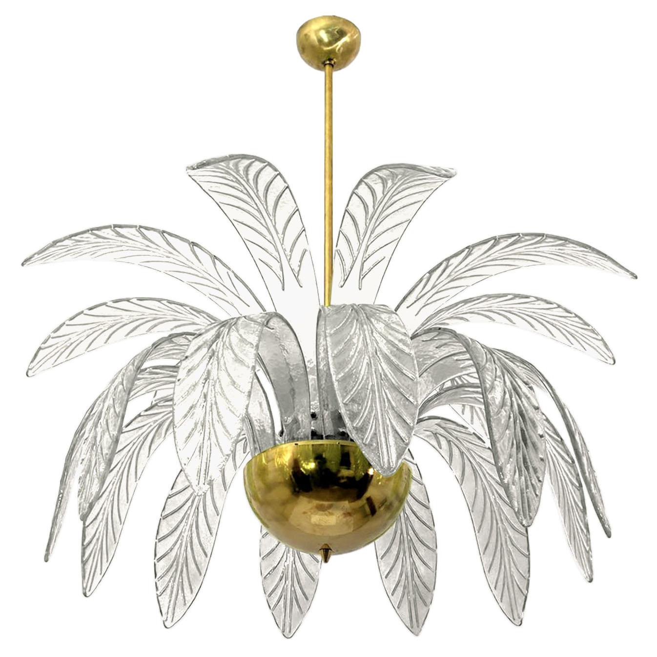 Palm Leaves Murano Glass and Brass Chandelier in Light Green For Sale 7