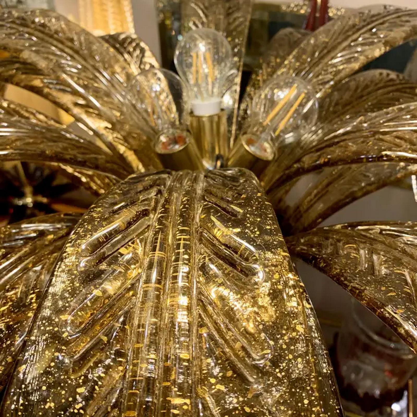 Mid-Century Modern Palm Leaves Murano Glass and Brass Chandelier in Fume Gold For Sale