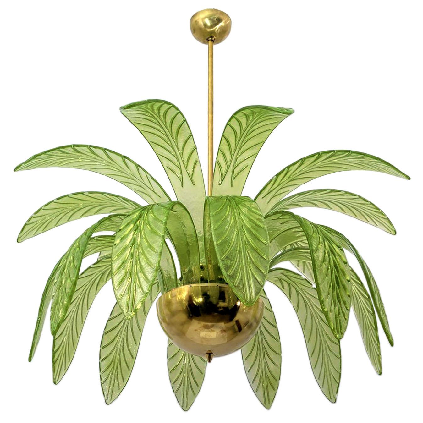 Italian Palm Leaves Murano Glass and Brass Chandelier in Fume Gold For Sale