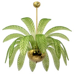Palm Leaves Murano Glass and Brass Chandelier in Light Green