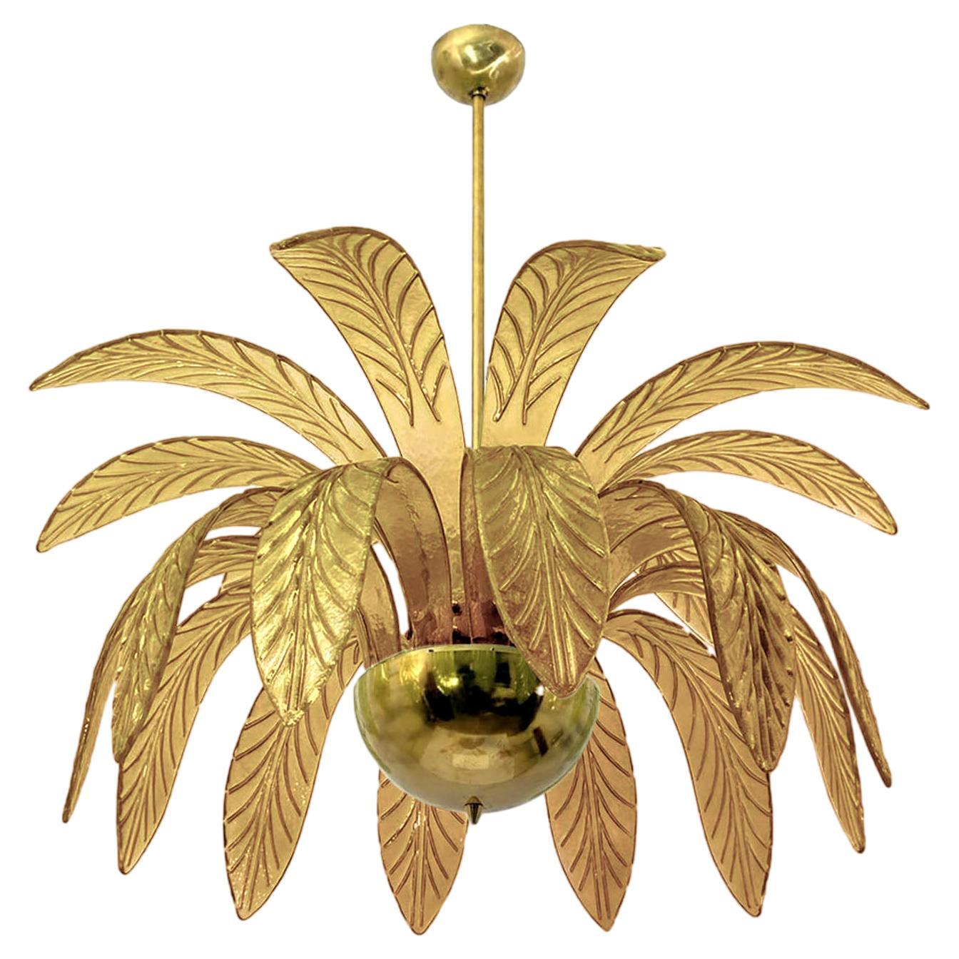 Palm Leaves Murano Glass and Brass Chandelier in Fume Gold For Sale