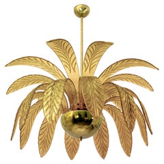 Palm Leaves Murano Glass and Brass Chandelier in Fume Gold