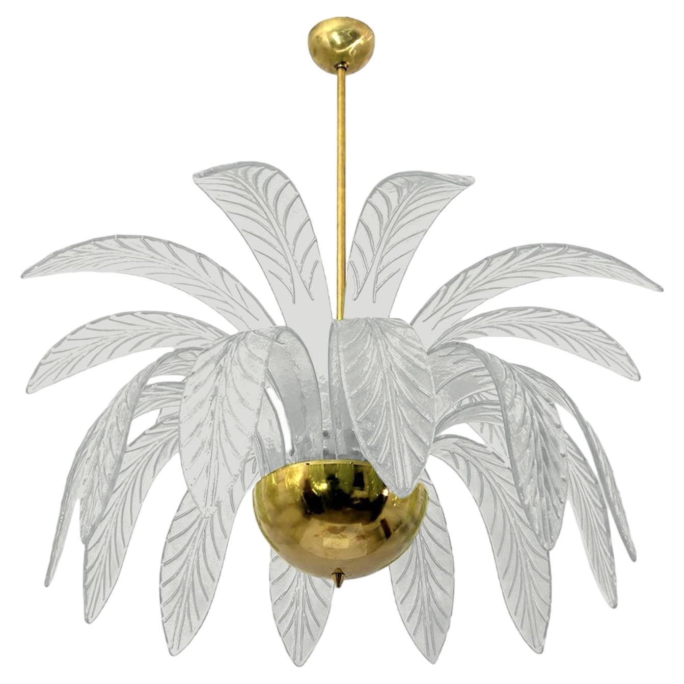Palm Leaves Murano Glass and Brass Chandelier in Pearl White  For Sale