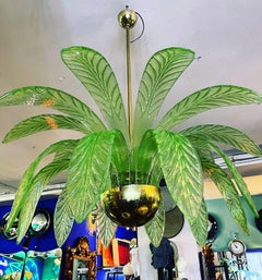 Palm Leaves Murano Glass and Brass Chandelier, Mid-Century Modern, Italy, 1980s