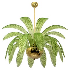 Palm Leaves Murano Glass and Brass Chandelier, Mid-Century Modern, Italy, 1980s