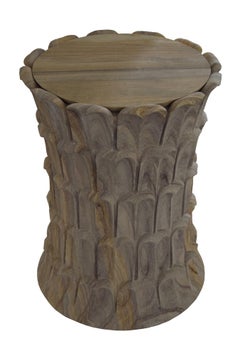 Palm Motif Side Table, Teakwood Marble Accent Table